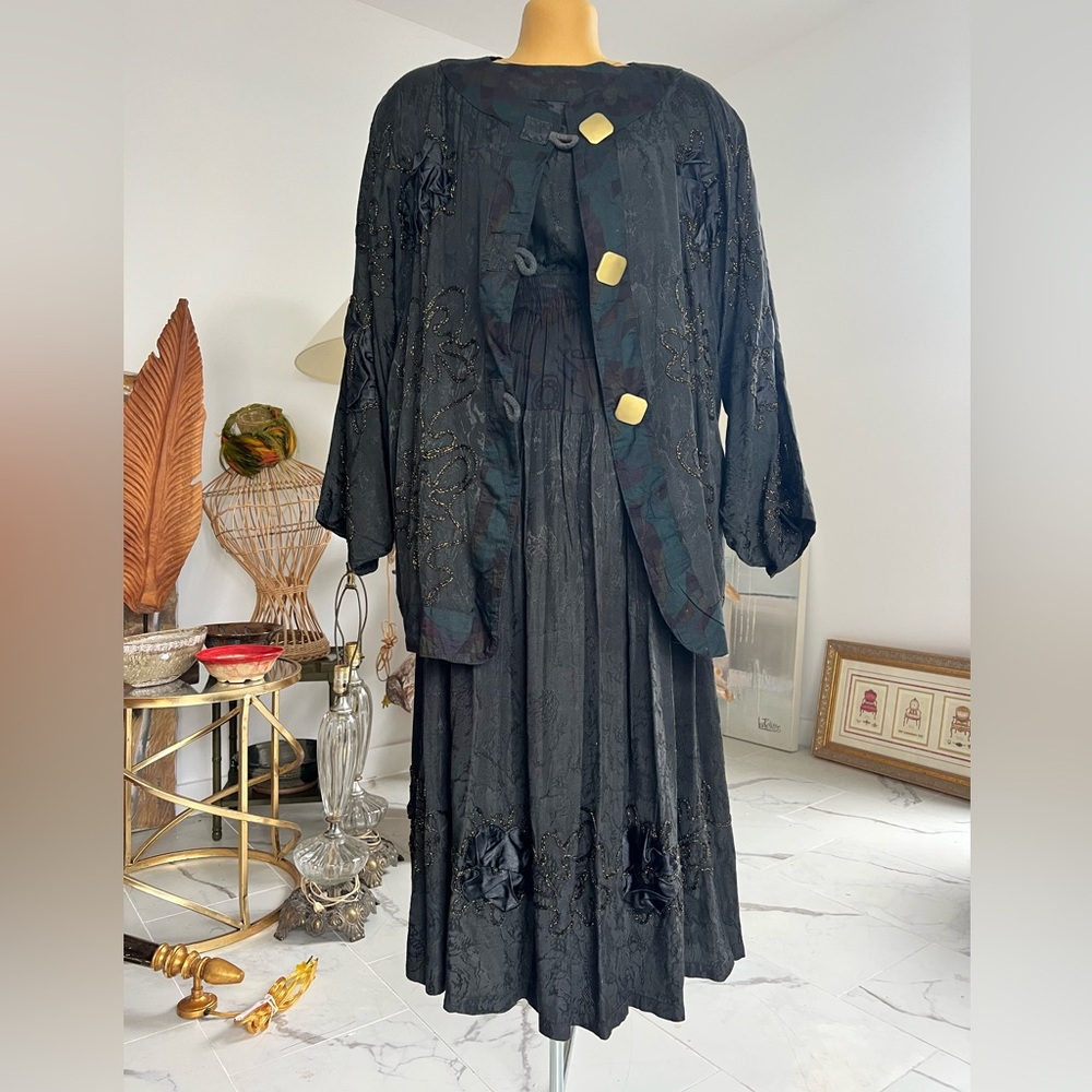 Vintage gorgeous black three-piece woman’s set blazer skirt and Top Size S